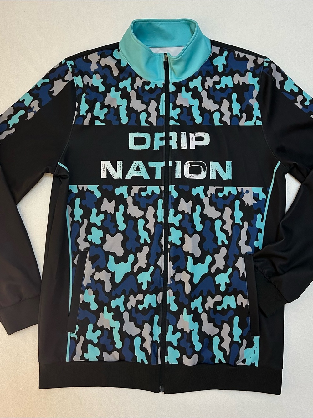 Drip Nation Men’s Black & Aqua Camo Retro Streetwear Jacket